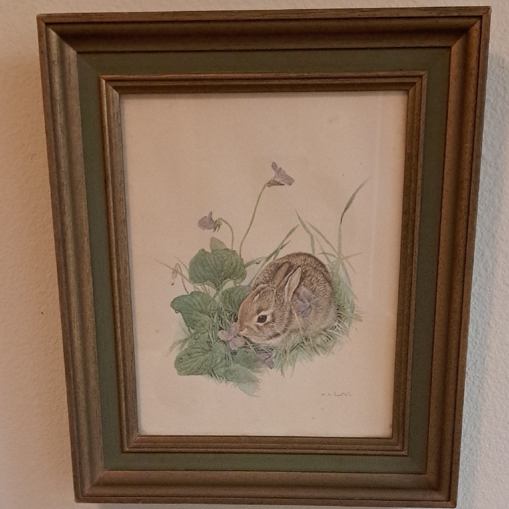 Framed Rabbit Artwork with Green Accents By Martin Glenn Loates